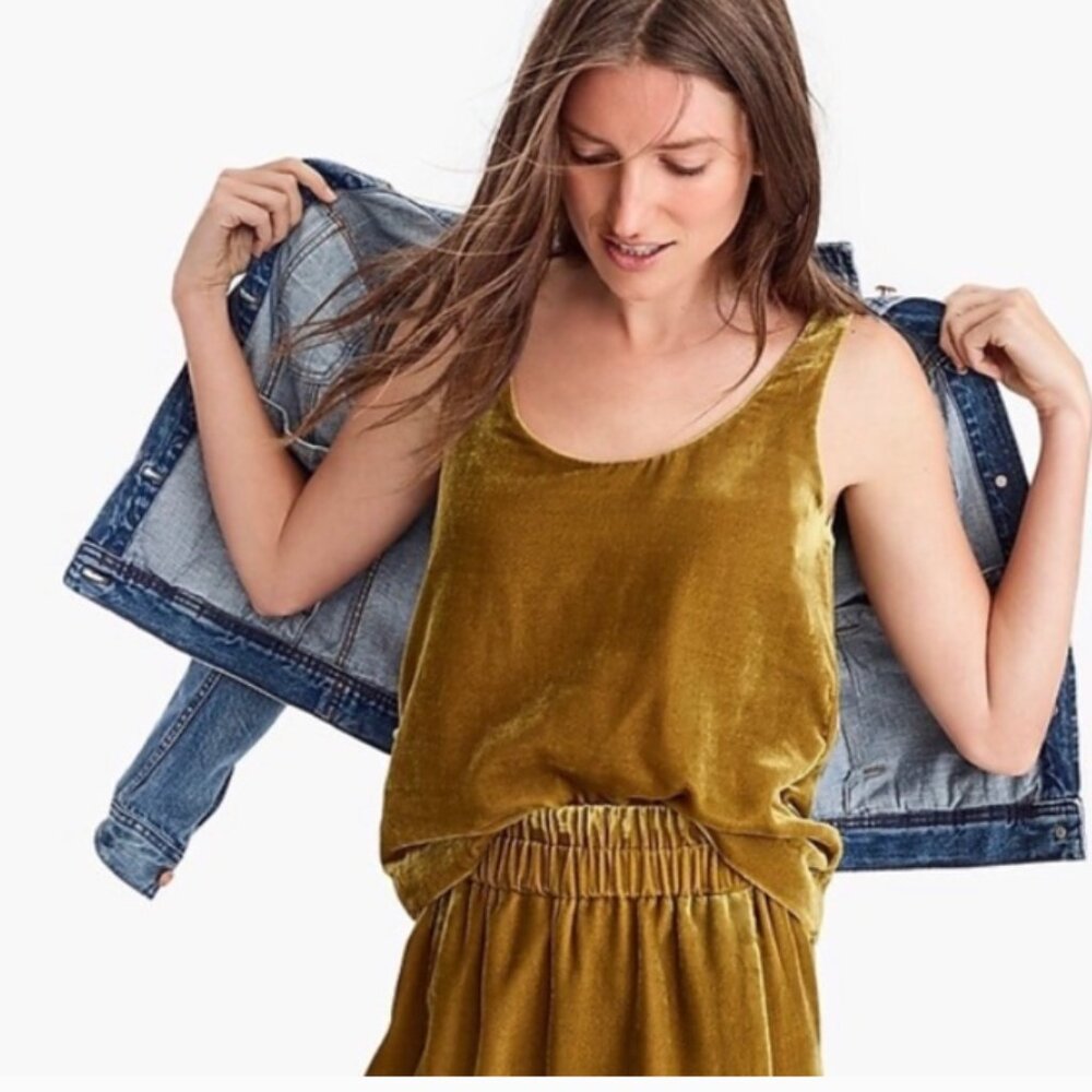 J.Crew 2 PC Vintage Gold Mustard velour velvet midi skirt & tank top L 14 12